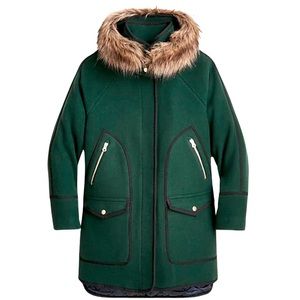 J Crew Tall Summit Parka in Italian Stadium-cloth wool Color: Dark Forest